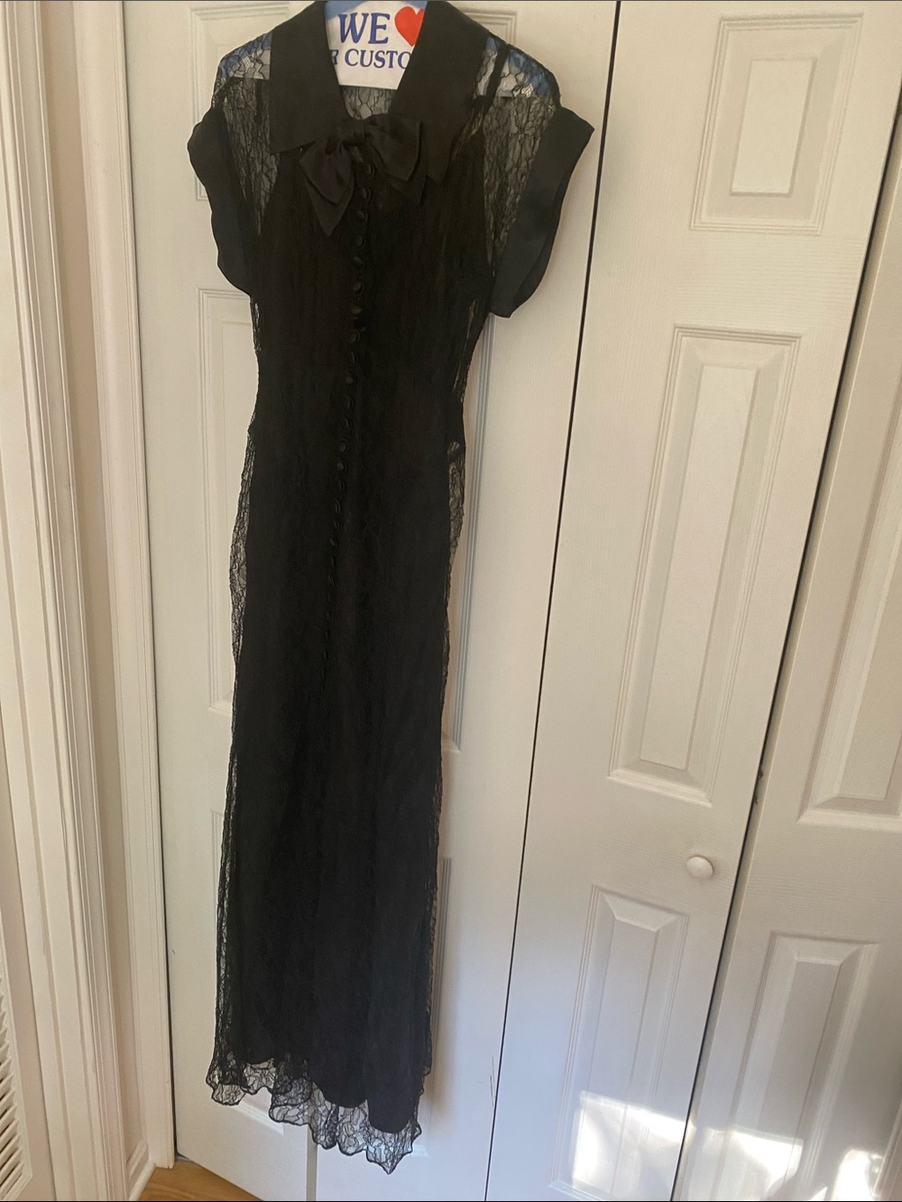 Antique 1930’s Black Lace Bow-Accent Maxi Dress